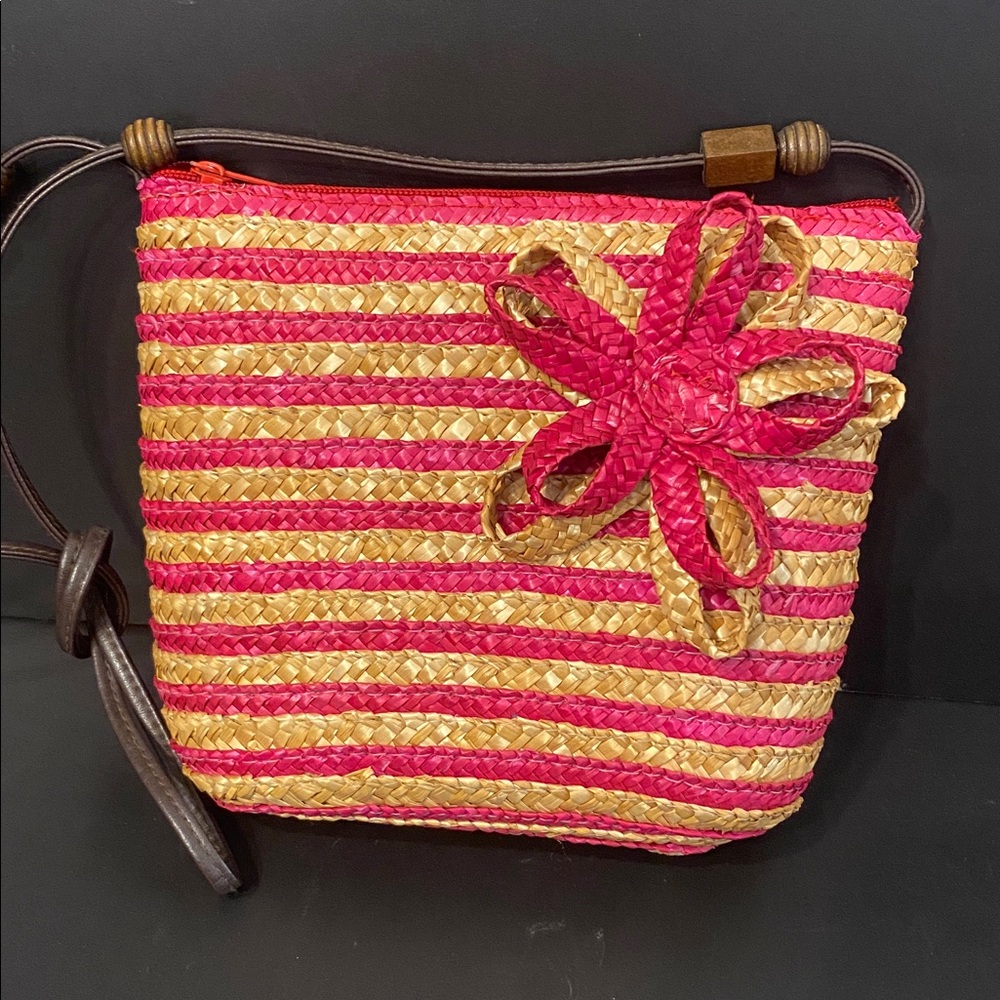 Kelly & Katie Small Straw Natural Pink Stripe 3D Floral Embellishment